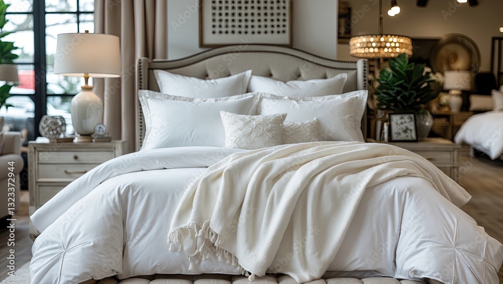 Aufkleber elegant bedroom display featuring white bedding set with textures and throws, positioned on a plush 