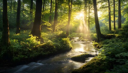 Fototapeta premium Sunbeams through forest creek