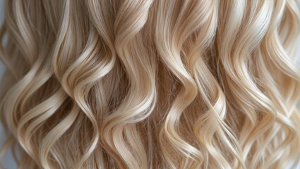 Close-up of beautifully styled wavy blonde hair in soft golden tones showcasing shiny curls and hairdressing techniques with a smooth background.