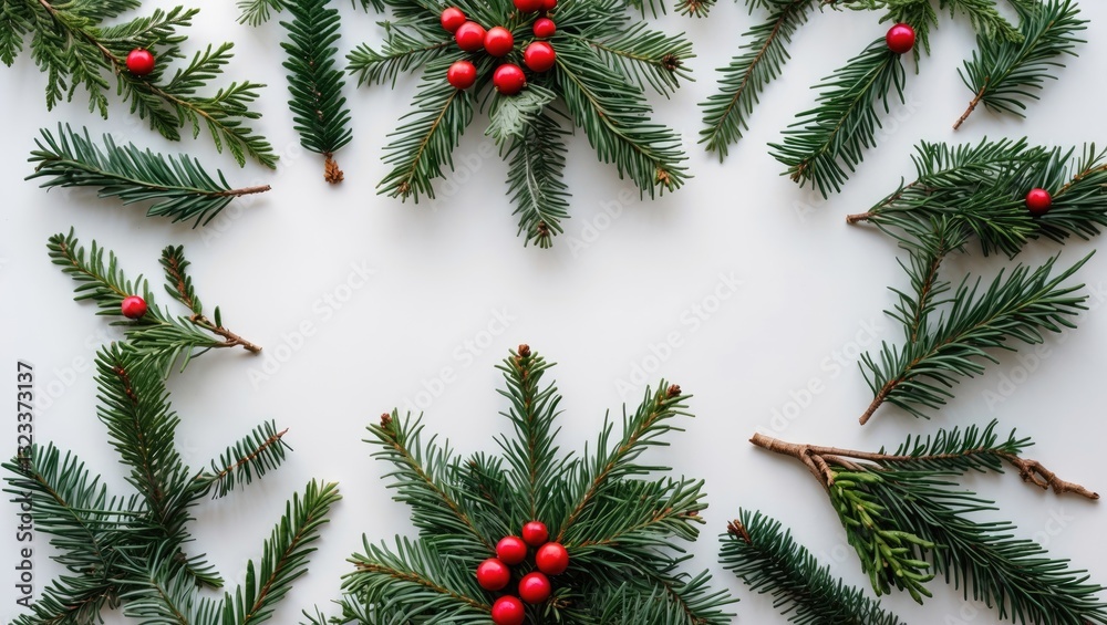Poster Christmas flat lay composition with conifer branches and red berries arranged in a circular pattern on a white background creating ample copy space.