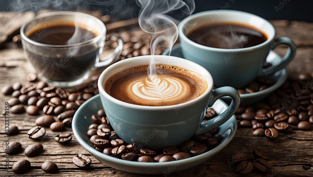 Poster Rustic wooden surface featuring three blue cups of steaming coffee surrounded by coffee beans with dark background and ample copy space for text.