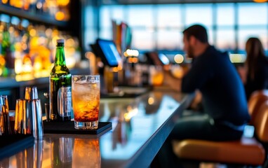 A vibrant bar scene featuring a cocktail on the counter with patrons enjoying the view at sunset