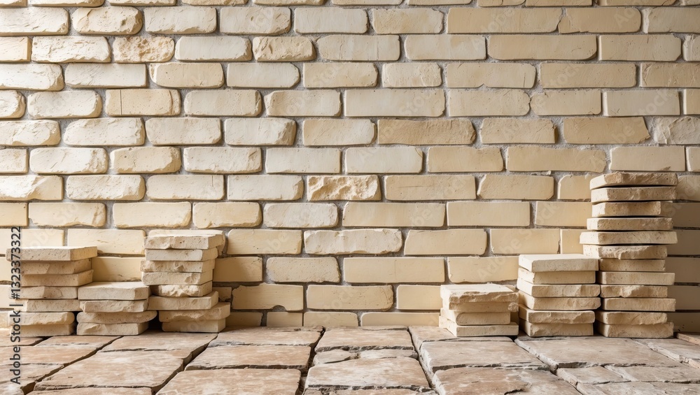 Poster stacked light beige bricks on the floor against a textured brick wall, creating a warm and rustic in