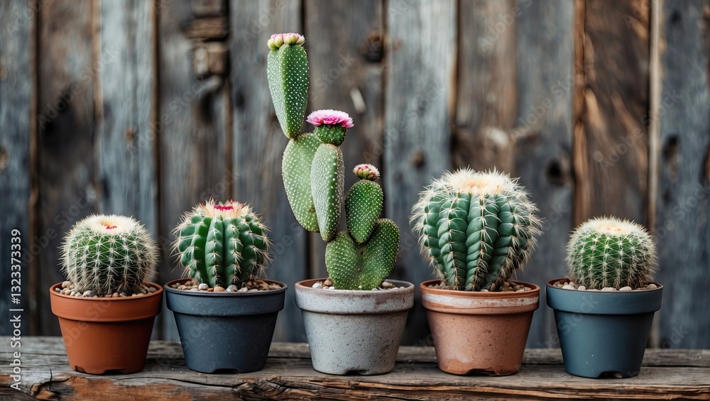 Aufkleber Colorful cacti in various small pots arranged in a row against a rustic weathered wooden backdrop showcasing earthy tones and textures.