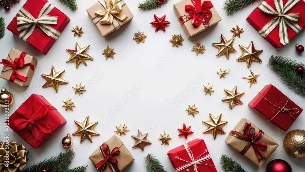 Poster christmas-themed arrangement of red and gold gifts and decorations in a circular layout on a white b