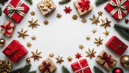 Christmas-themed arrangement of red and gold gifts and decorations in a circular layout on a white background with ample copy space