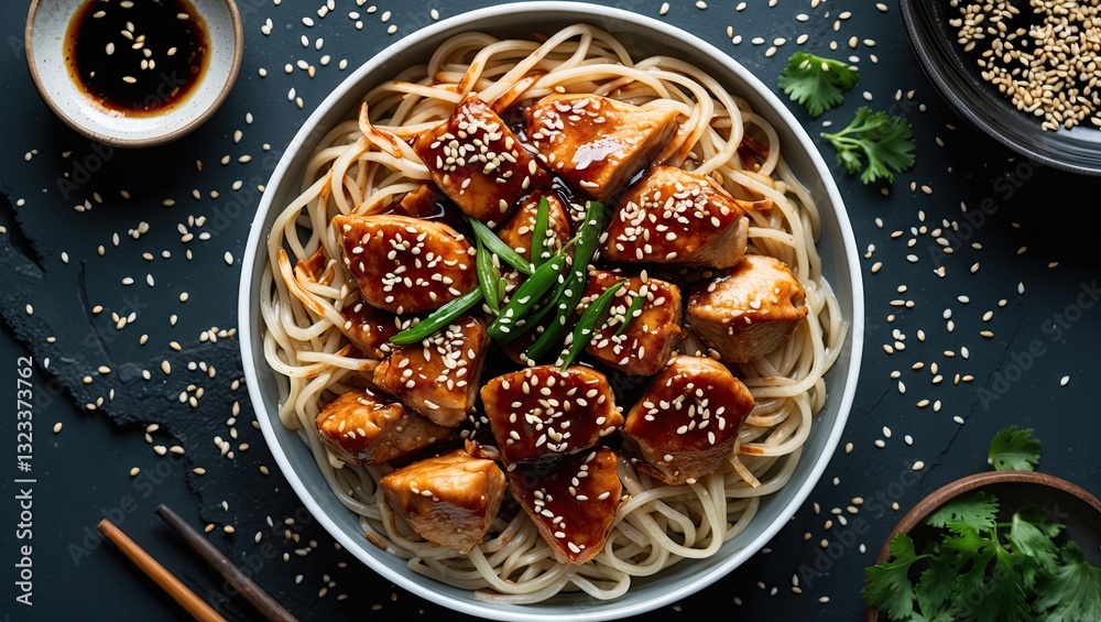 Aufkleber delicious chicken teriyaki with noodles topped with sesame seeds on a dark background featuring bals