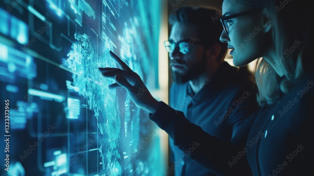 Aufkleber two software developers analyzing a futuristic interactive digital world map on a large screen in a 