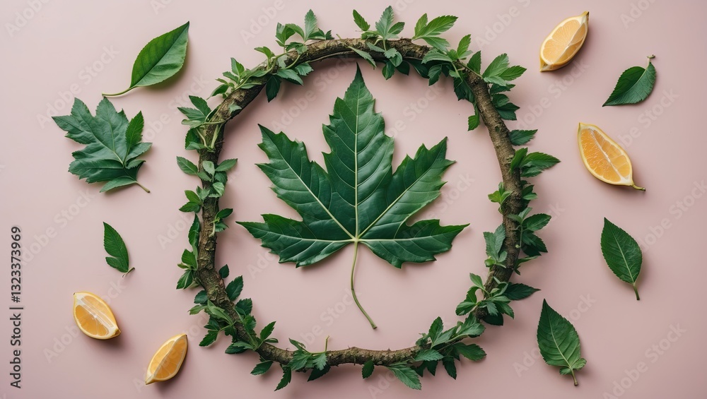 Poster circular green leaf frame with a prominent central leaf on a soft pastel background, surrounded by s