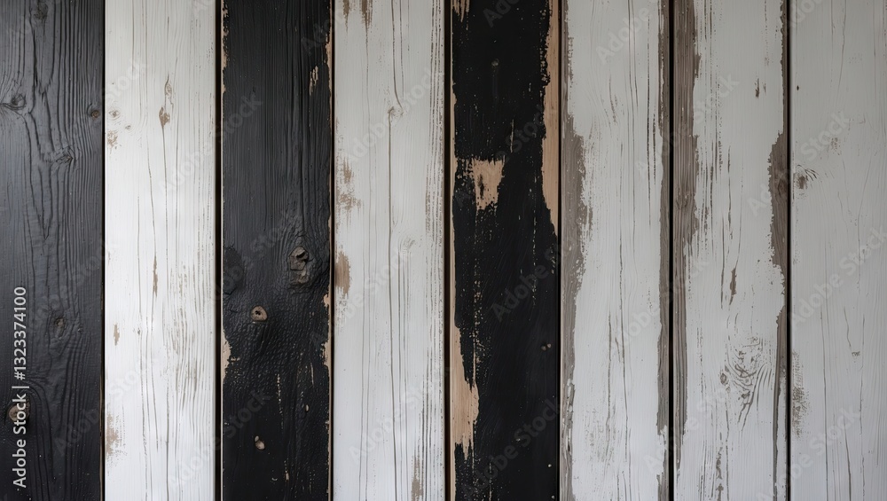 Aufkleber closeup of aged wooden panels in alternating black and white, showing weathered texture on a light b
