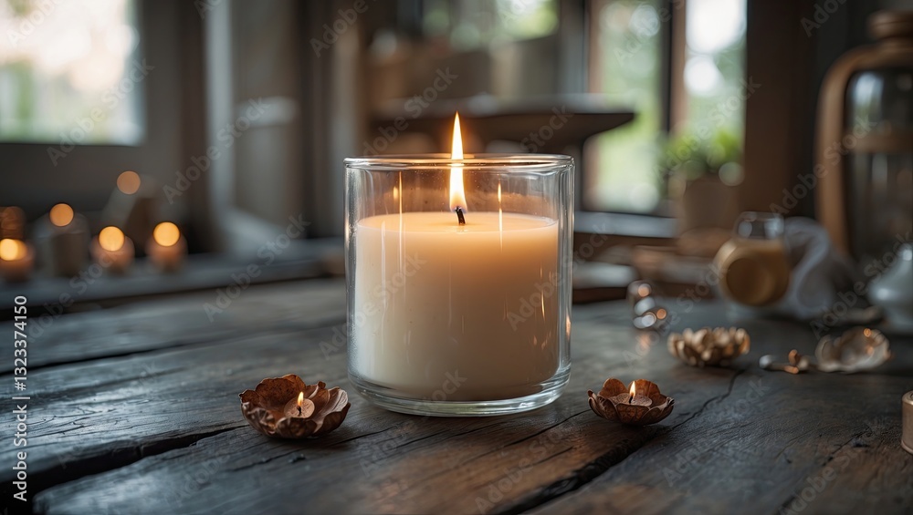 Aufkleber a lit white candle in a clear glass container sits on a rustic wooden table surrounded by decorative