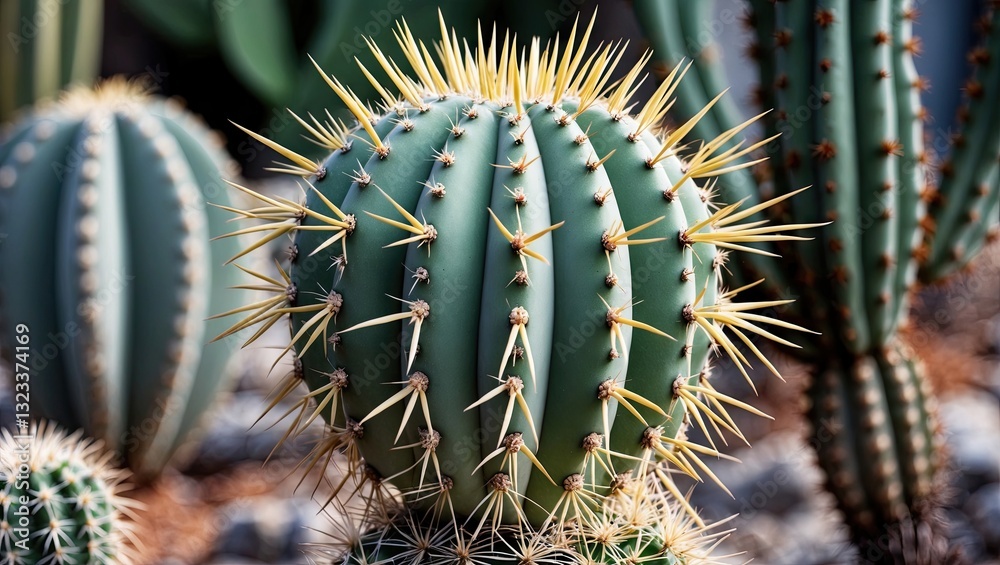 Poster globe-shaped cactus with long golden thorns positioned centrally among smaller cacti on a textured s