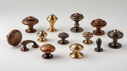 Set of various cabinet knobs and handles in metallic tones including gold, bronze, and copper arranged on a light grey background for kitchen hardware.