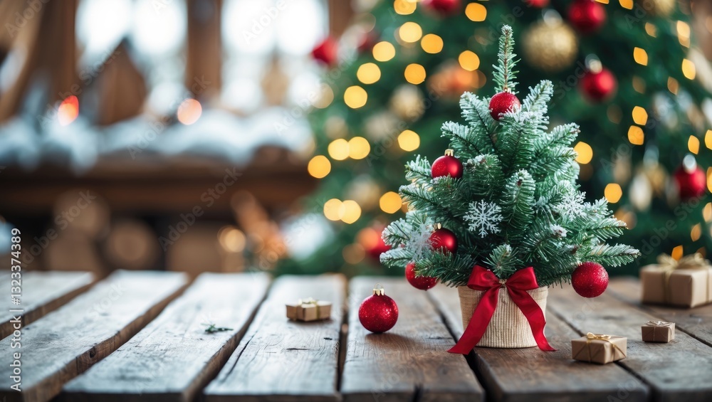Poster festive small christmas tree adorned with red ornaments and ribbon centered on a rustic wooden table