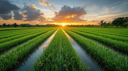 Obraz premium Serene Fields at Sunset with Vibrant Cloud Reflections