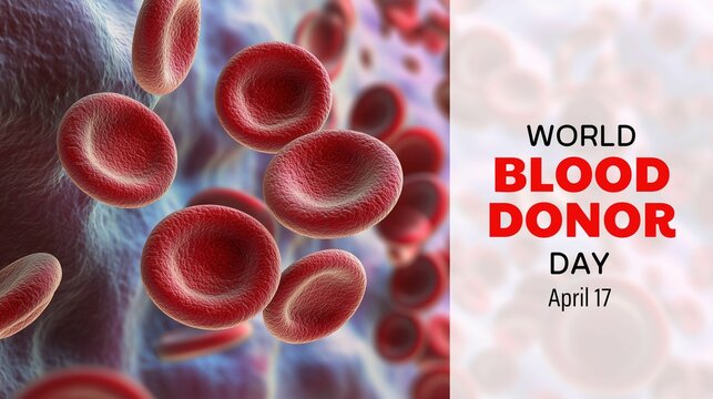 World Blood Donor Day banner. Awareness poster with 3d red blood cells. 17 April. Hemophilia day, concept of motion and energy, as the blood cells appear to be in motion
