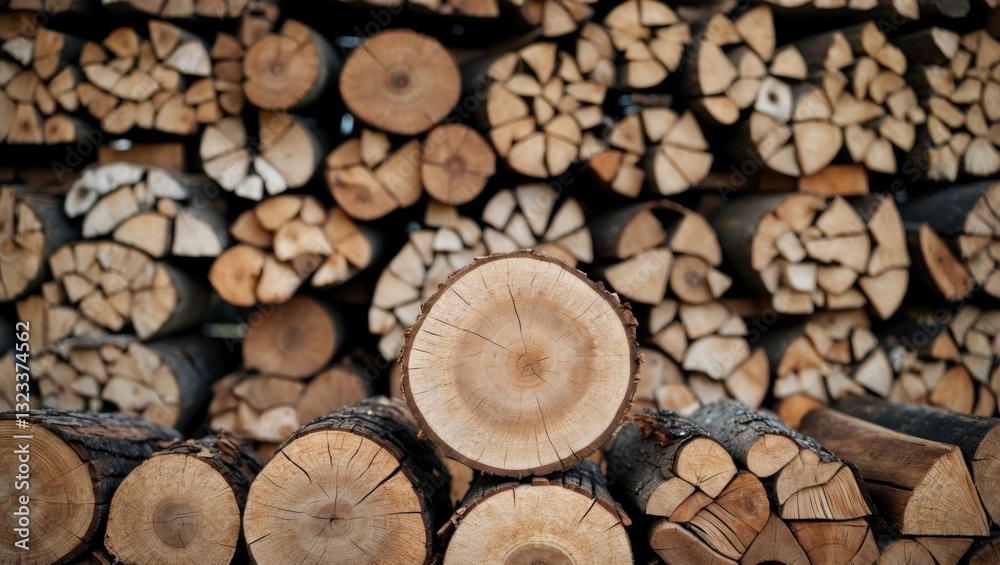 Aufkleber cross section of timber in the foreground with stacked firewood in a blurred background, showcasing 