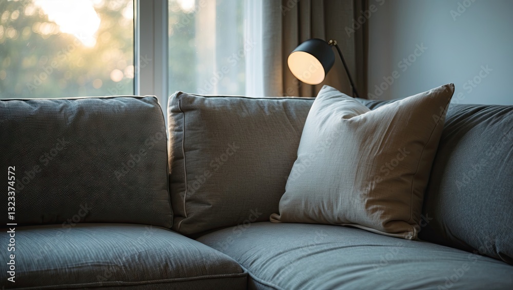 Aufkleber contemporary gray sofa adorned with a plush pillow near a bright window softly lit by warm sunlight 