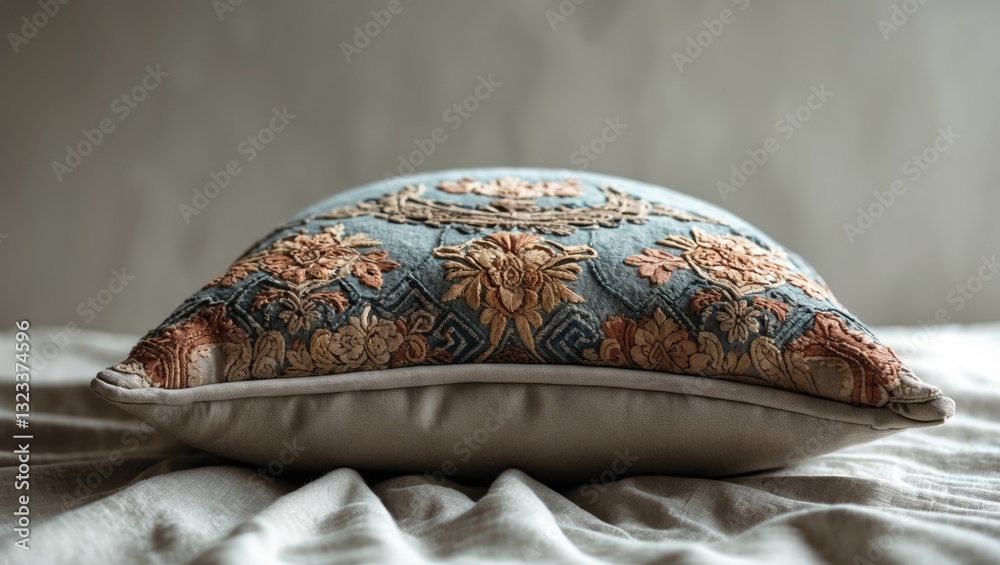 Aufkleber decorative throw pillow with intricate floral patterns in warm tones of blue and orange positioned c