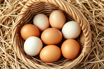 Heritage Harvest  Freshly Gathered Farm Eggs Nestled in Handwoven Basket Upon Golden Straw Bedding Reminiscent of Traditional Countryside Living