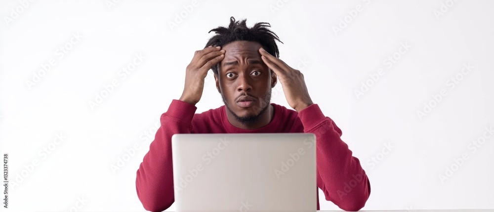 Poster a person sitting in front of a laptop with an expression of surprise, possibly due to something they