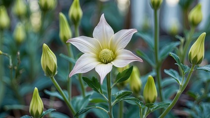 Fototapeta premium Datura plant with delicate white and pale yellow flowers surrounded by green foliage and buds showcasing herbal medicinal properties.