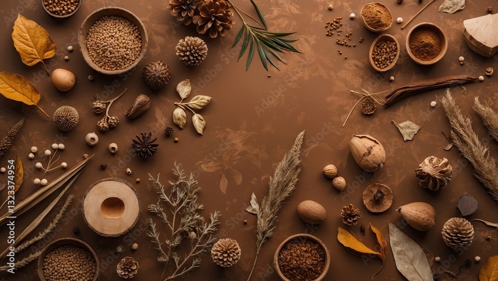Poster natural elements and spices arranged on a brown textured surface with wooden bowls and dried leaves 