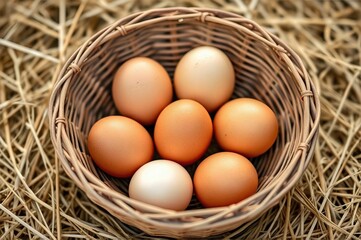 Heritage Harvest  Freshly Gathered Farm Eggs Nestled in Handwoven Basket Upon Golden Straw Bedding Reminiscent of Traditional Countryside Living