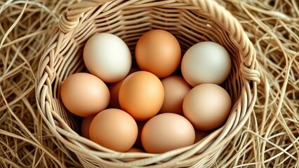 Heritage Harvest  Freshly Gathered Farm Eggs Nestled in Handwoven Basket Upon Golden Straw Bedding Reminiscent of Traditional Countryside Living
