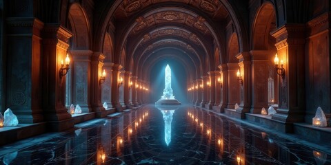 A Crystalline Obelisk Illuminates a Grand, Dark Hallway with Ornate Columns and Glowing Wall Sconces