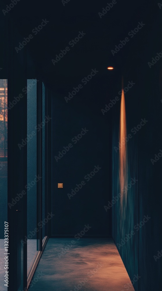 Poster A dark hallway with a single light source illuminating the wall, great for creating mood and atmosphere in your project