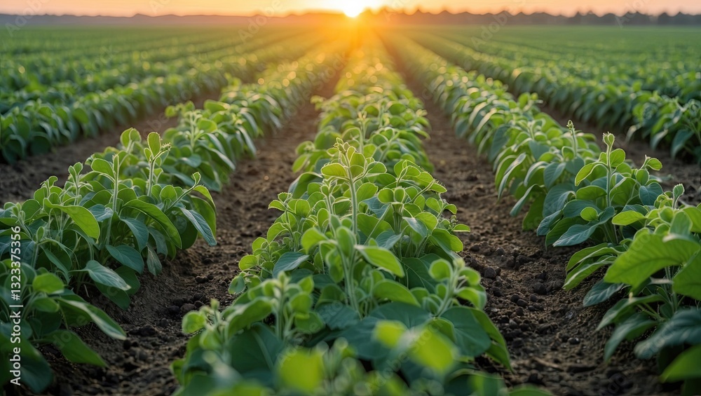 Poster sunrise over green crop fields with rows of vibrant plants stretching towards the horizon under a cl