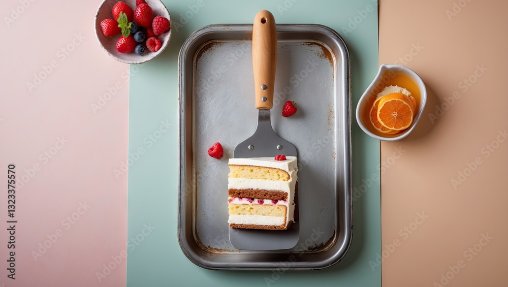 Aufkleber cake spatula placed on a rectangular metal tray with a pastel green and peach background, featuring 