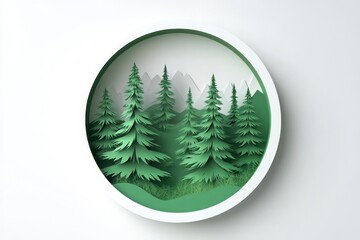 Obraz premium The image is a paper cutout of a forest with trees and mountains in the background. Scene is peaceful and serene, as the trees are arranged in a circular pattern