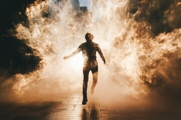 Fototapeta premium A person navigates through a thick cloud of smoke, with no clear view ahead