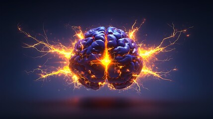 Abstract Depiction of a Brain Surrounded by Electric Sparks and Neon Light on a Dark Background