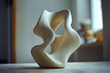 A white sculpture sits atop a wooden table