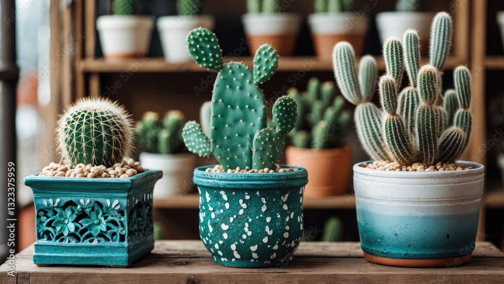 Poster cactus planters with intricate turquoise and white designs positioned on a wooden table, surrounded 