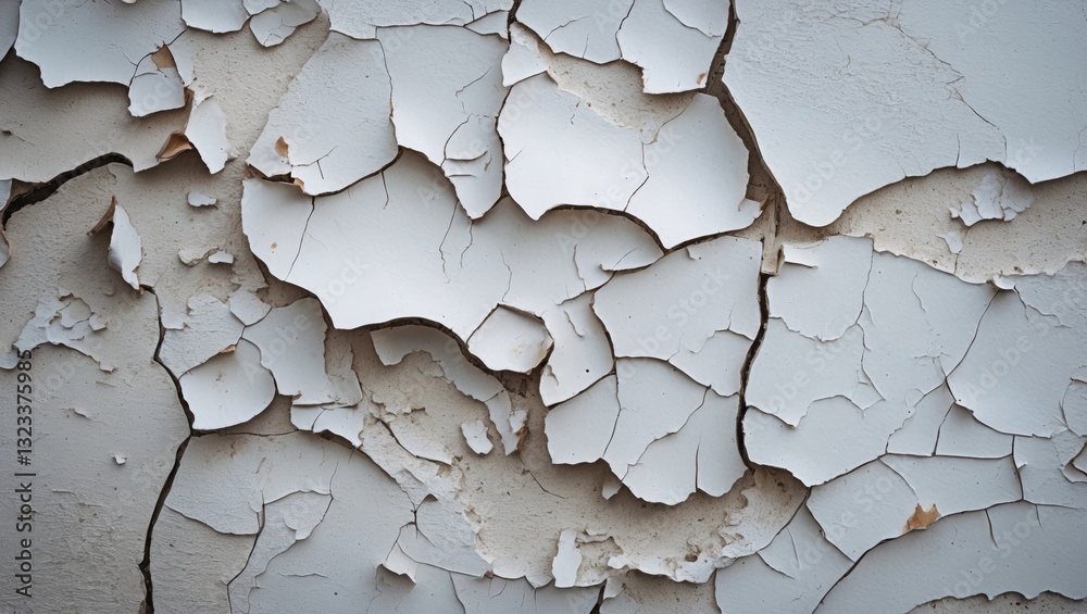 Poster cracked peeling white paint texture on a wall with rough edges and irregular shapes in light and dar