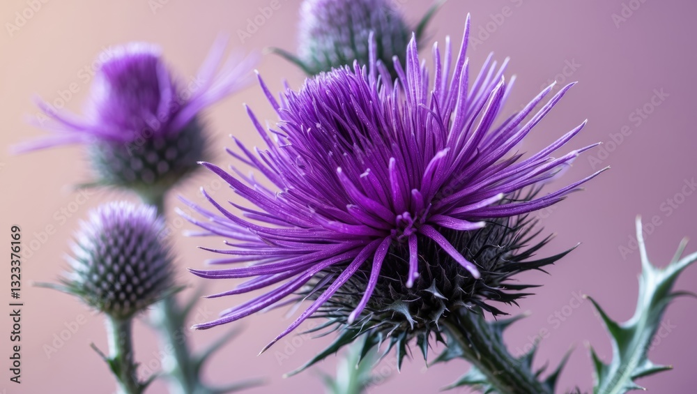 Poster purple thistle flower in sharp focus with vibrant spikes centered against a soft pastel lilac and pi