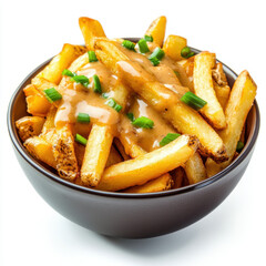 Delicious bowl of poutine with gravy and green onions