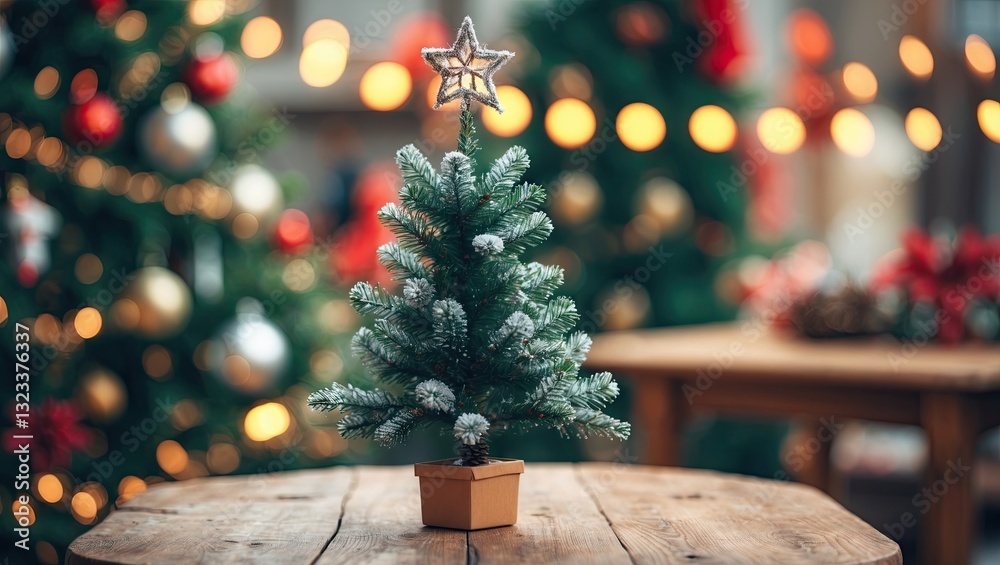 Poster Miniature Christmas tree adorned with snow sits on a rustic wooden table in a festive setting with blurred lights and greenery in the background.