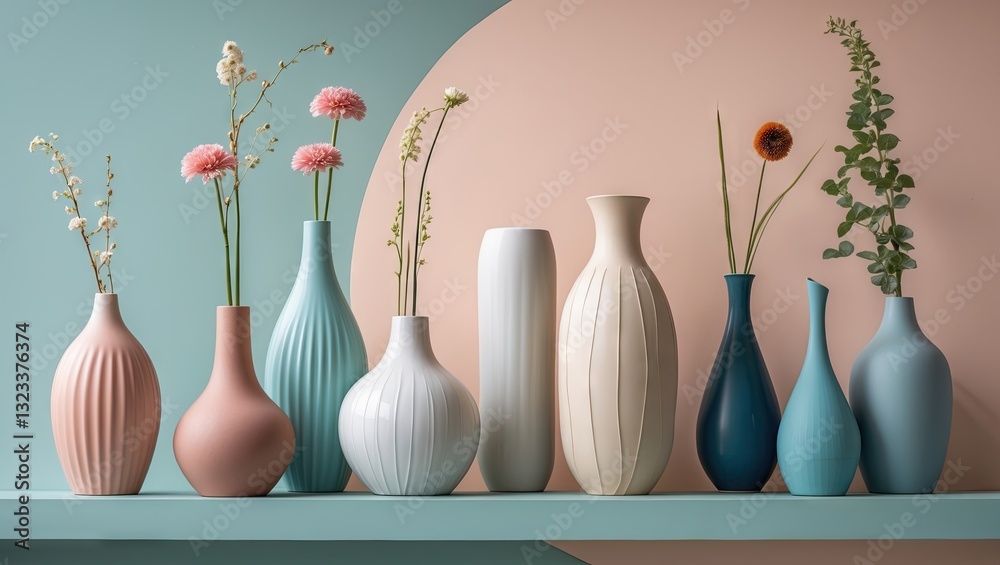Poster pastel vases arranged on a teal shelf against a pink and mint backdrop showcasing various shapes and