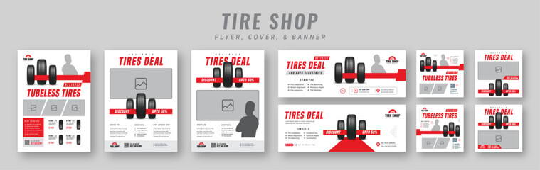 Tire shop flyer and banner bundle | Car service promotion catalog | Auto repair advertising template | Social media post and tire sales marketing design