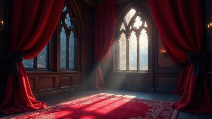 Crimson Curtains Drape Elegant Wooden Room with Ornate Windows and Sunlight Streaming Through