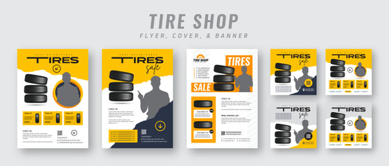 Tire shop flyer and banner bundle | Car service promotion | Auto repair advertising template | Social media post and tire sales marketing design