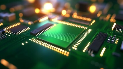 Obraz premium Close-up view of a green microchip on a circuit board with glowing components in background