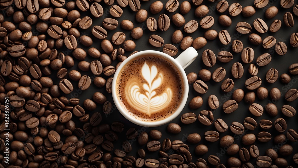 Poster Aromatic coffee cup with latte art centered in white mug on dark backdrop of scattered brown coffee beans creating a warm inviting setting