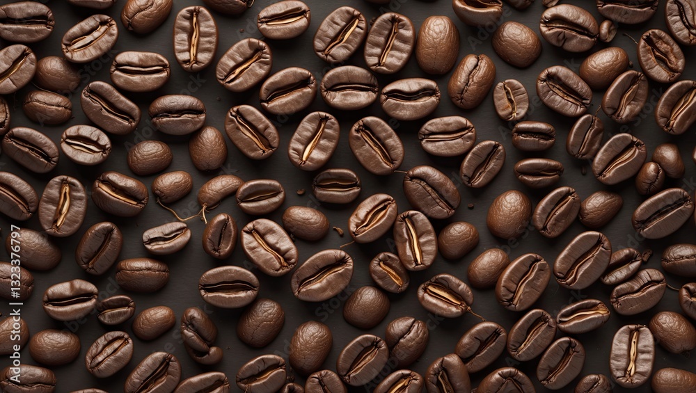 Poster Rich brown coffee beans spread across a dark surface with negative space in the center for text or design additions.