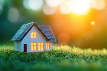 A small white house sits atop a lush green field, perfect for rural or countryside scenes